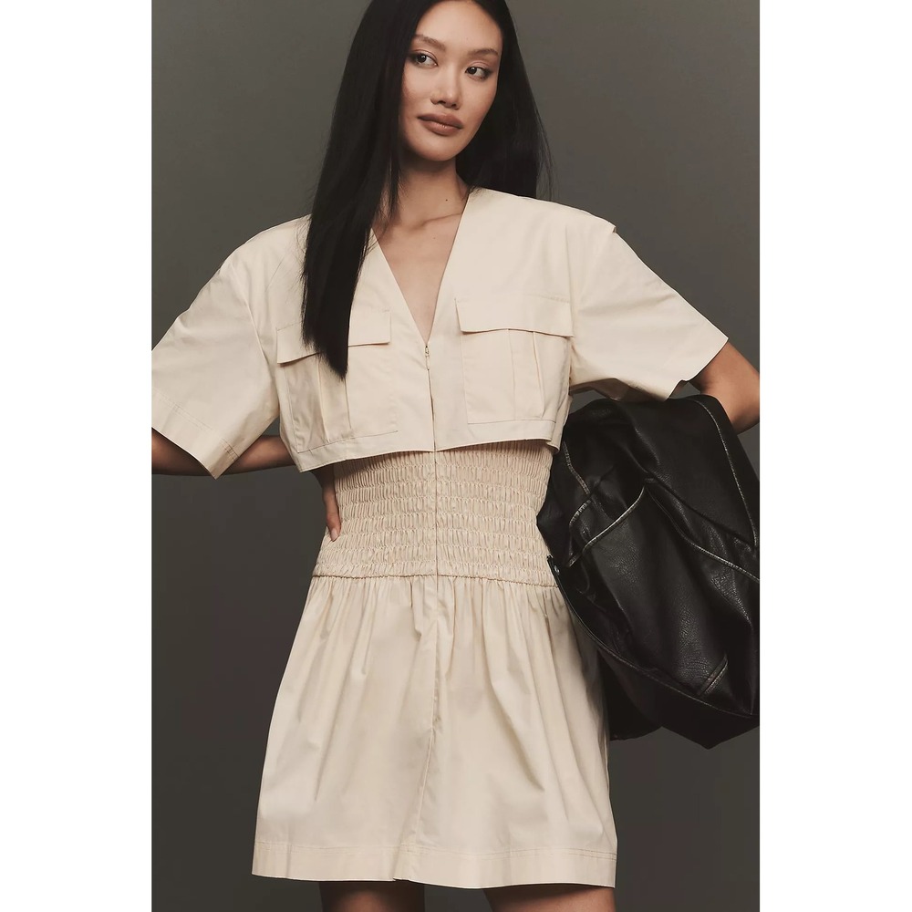 Mare Mare Anthropologie NWT Utility Short Sleeve Mini Shirt Dress XS Khaki Beige